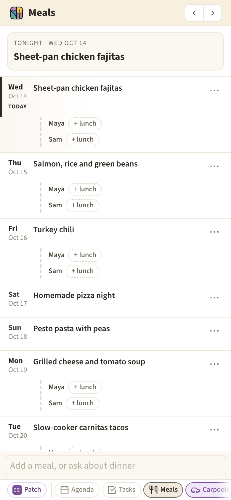 The week’s dinners in the Meals notebook