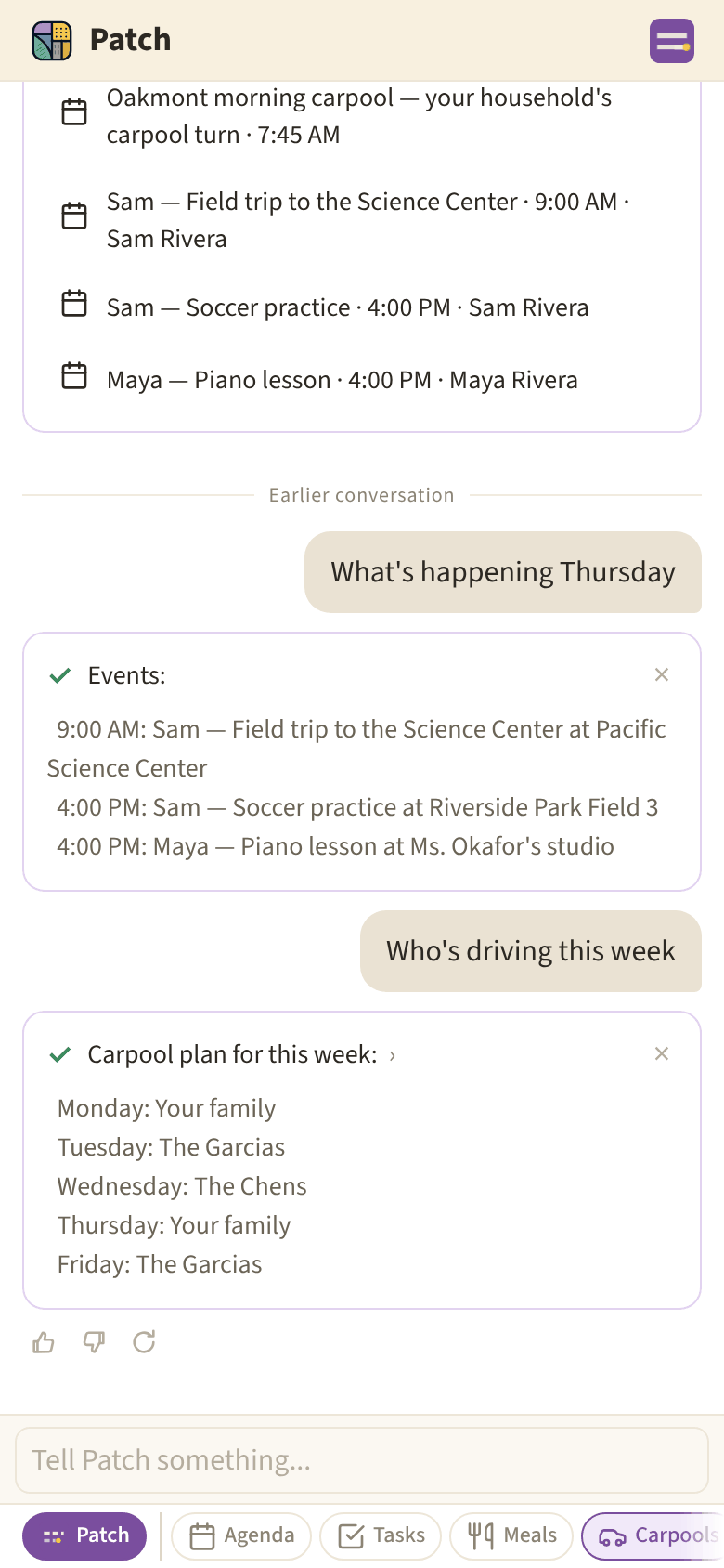 Patch answering “What’s happening Thursday” and “Who’s driving this week”
